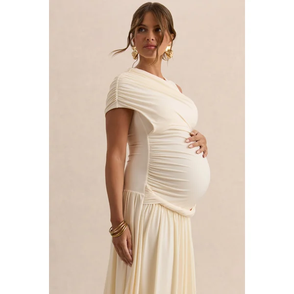 Naida | Robe longue de maternité crème à encolure ronde avec détails drapés