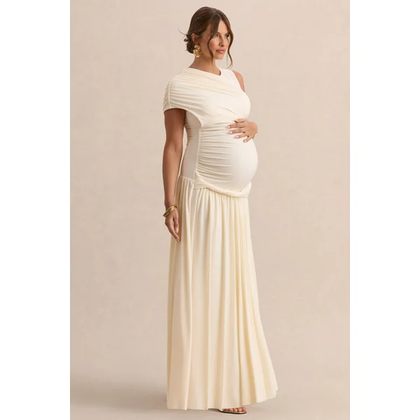 Naida | Robe longue de maternité crème à encolure ronde avec détails drapés