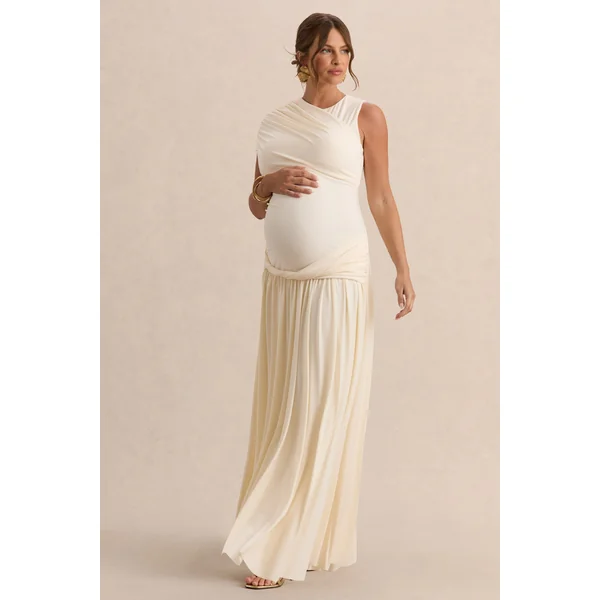 Naida | Robe longue de maternité crème à encolure ronde avec détails drapés
