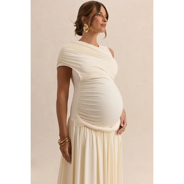 Naida | Robe longue de maternité crème à encolure ronde avec détails drapés