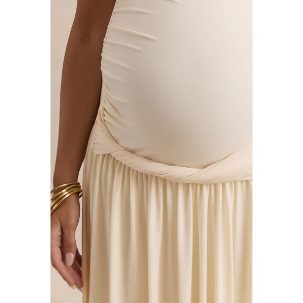 Naida | Robe longue de maternité crème à encolure ronde avec détails drapés