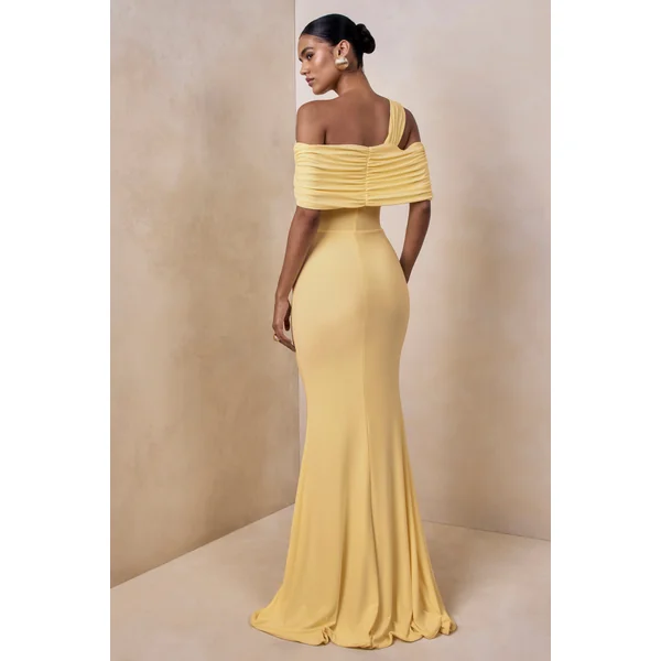 Nala | Robe longue à encolure asymétrique citron avec détails froncés