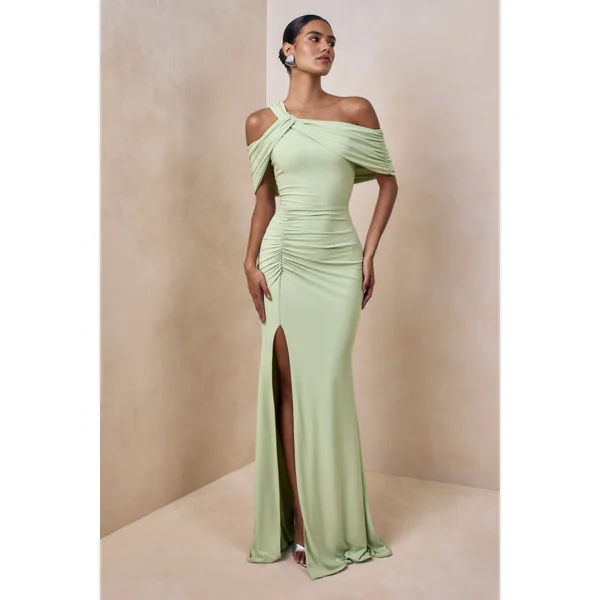 Nala | Robe longue à encolure asymétrique menthe avec détails froncés