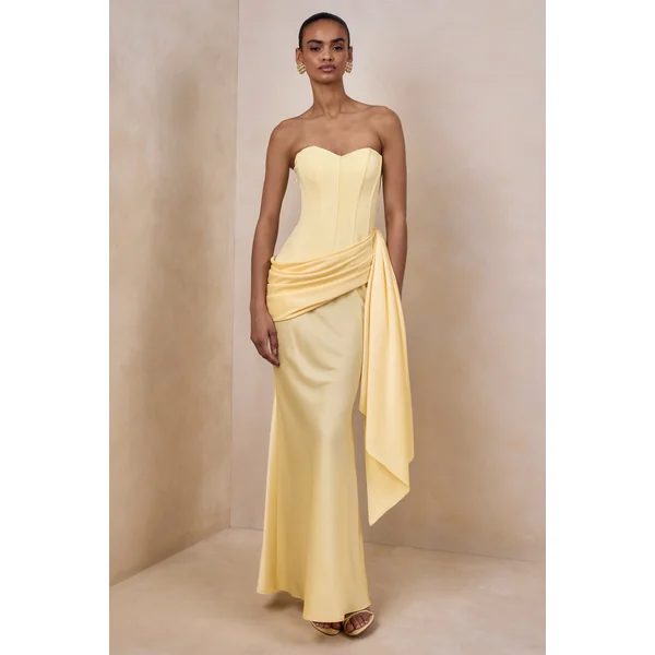 Nalira | Robe longue bandeau en satin citron avec jupe drapée