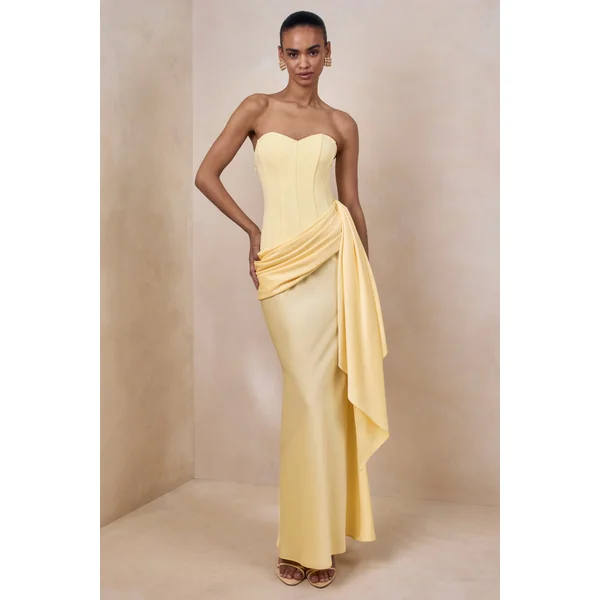 Nalira | Robe longue bandeau en satin citron avec jupe drapée