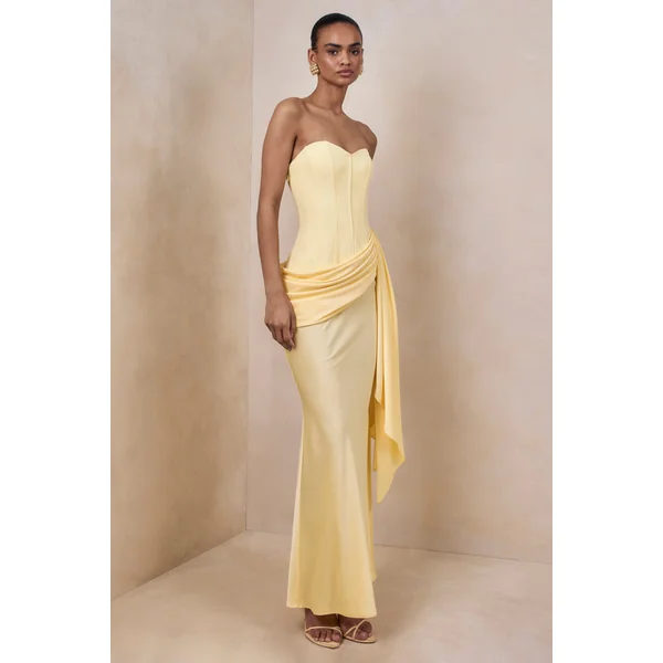 Nalira | Robe longue bandeau en satin citron avec jupe drapée