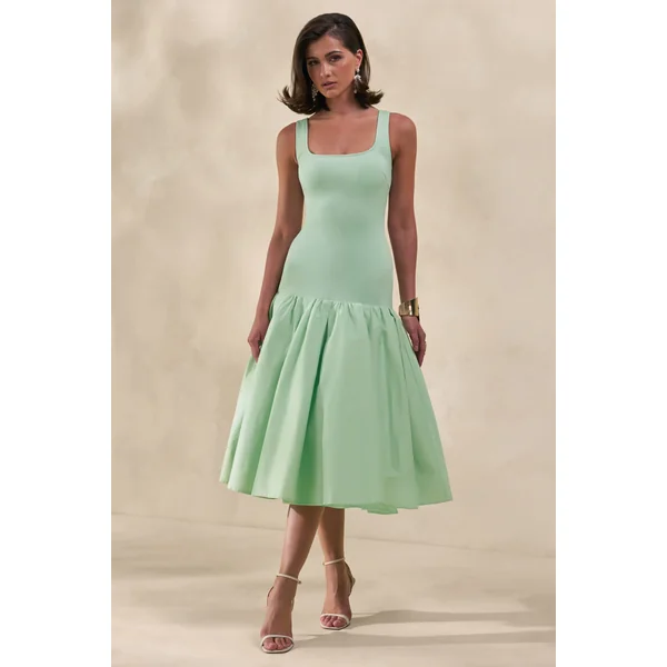 Nanette | Robe Mi-Longue Vert Menthe à Encolure Carrée et Jupe Volumineuse