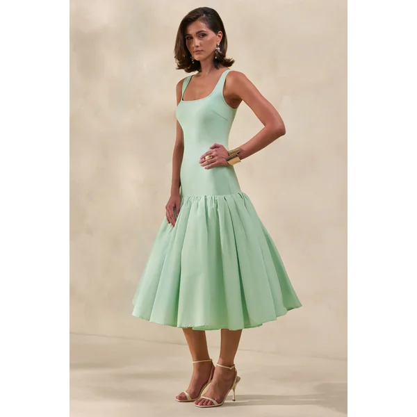 Nanette | Robe Mi-Longue Vert Menthe à Encolure Carrée et Jupe Volumineuse