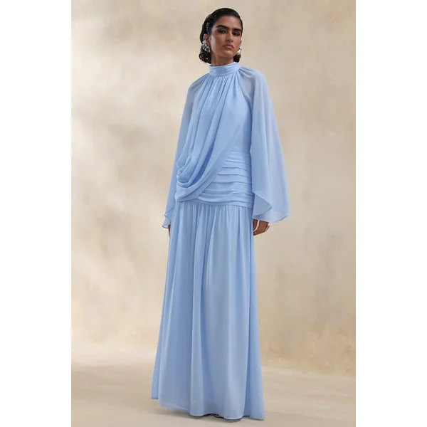 Narella | Robe longue bleue en chiffon à encolure haute avec détails drapés