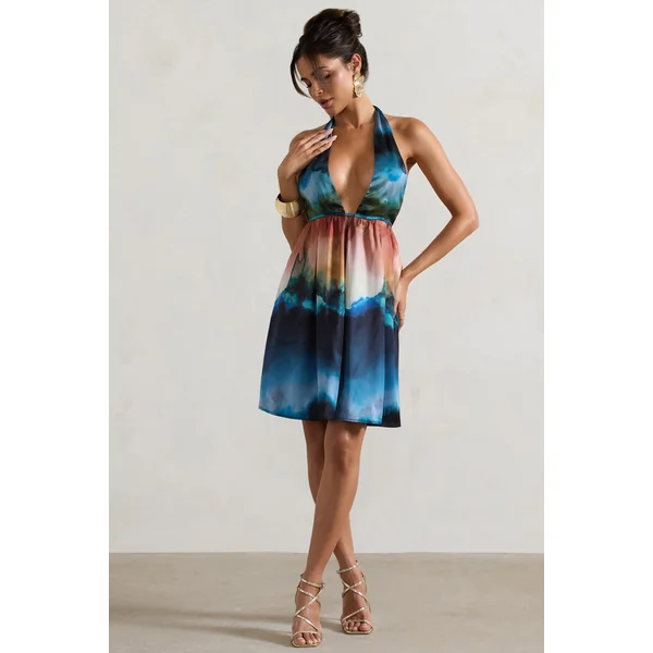 Naxos | Mini-robe babydoll à imprimé flou multicolore avec décolleté plongeant