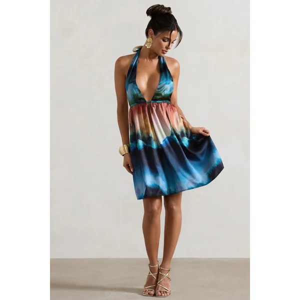 Naxos | Mini-robe babydoll à imprimé flou multicolore avec décolleté plongeant