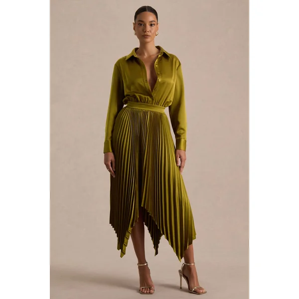Naxos | Robe chemise longue en satin couleur olive