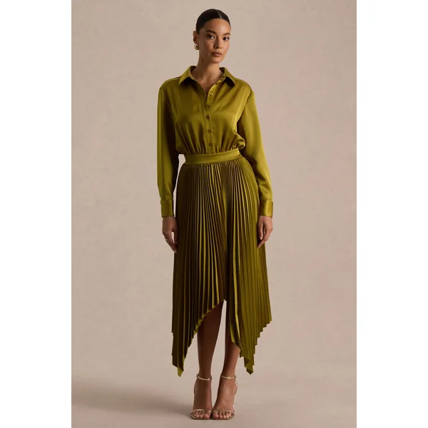 Naxos | Robe chemise longue en satin couleur olive