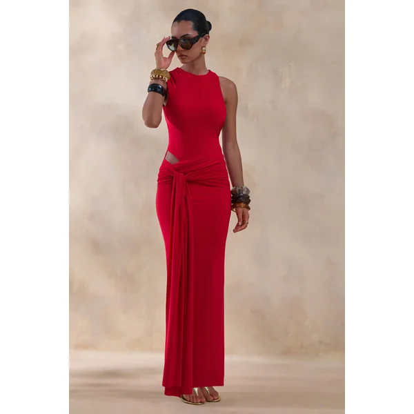 Nellie | Robe longue rouge à col rond avec découpes et ceinture