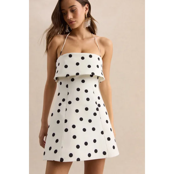 Nelly | Mini-robe blanche à pois noirs à encolure carrée