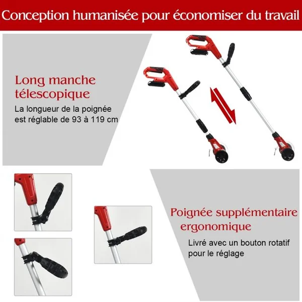 Nettoyeur de Joints sans Fil Manche Télescopique en Aluminium avec 2 Brosses de Travail Batterie Lithium-ion 18V-2Ah