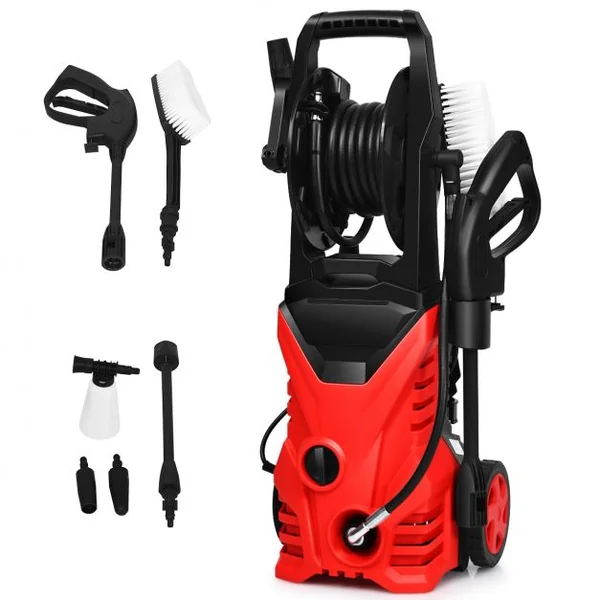 Nettoyeur Haute Pression 1500W 140Bar 300L/H avec 1 Buse Lotus et 1 Buse Haute Pression Accessoires 27x27x68cm Rouge