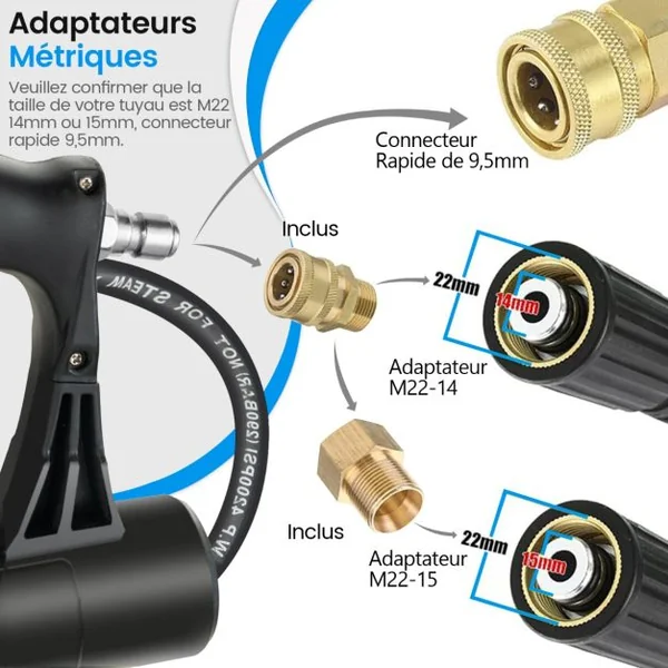 Nettoyeur Haute Pression 550 CM Rallonge Télescopique Kit de Baguette de Pulvérisation avec 2 adaptateurs 5 Buses de Pulvérisation Coupleur