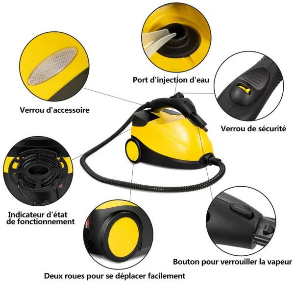 Nettoyeur Vapeur avec 14 accessoire 2000 W 4.0 Bar Capacité d'eau 1.5L Jaune