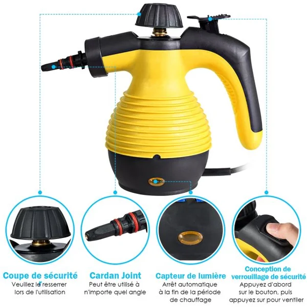 Nettoyeur Vapeur à Main Portable 900-1050 W Réservoir 350 ML 9 Accessoires Température Vapeur : 135°-167°, 27x13,5x21cm