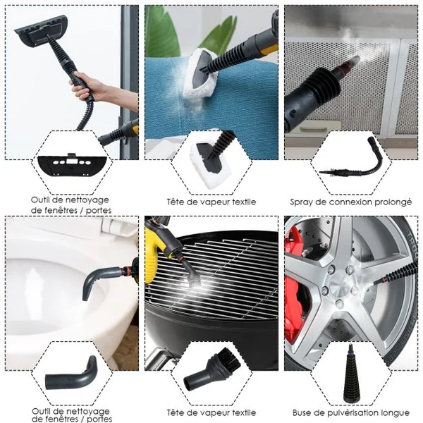 Nettoyeur Vapeur à Main Portable 900-1050 W Réservoir 350 ML 9 Accessoires Température Vapeur : 135°-167°, 27x13,5x21cm