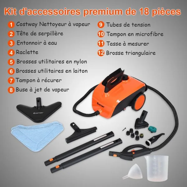 Nettoyeur à Vapeur 1,5L Polyvalent 4.0 Bar Vadrouille à Vapeur 1500W avec 18 Accessoires