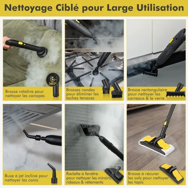 Nettoyeur à Vapeur Polyvalent de 2000W avec 13 Accessoires avec Roulettes 5 Bars Réservoir de 1,8 L Nettoyer Plancher Tapis Rideaux Jaune