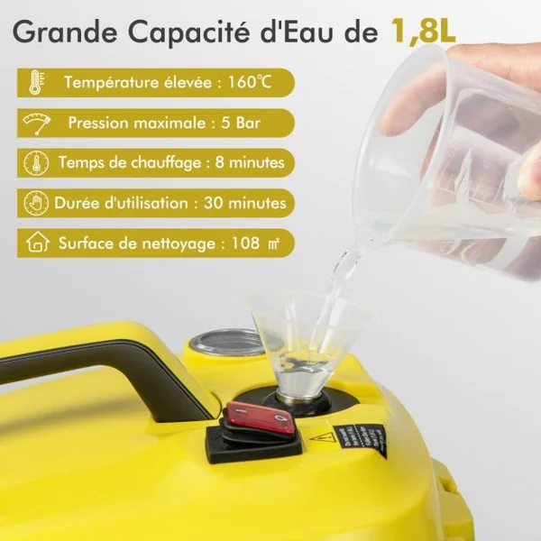 Nettoyeur à Vapeur Polyvalent de 2000W avec 13 Accessoires avec Roulettes 5 Bars Réservoir de 1,8 L Nettoyer Plancher Tapis Rideaux Jaune