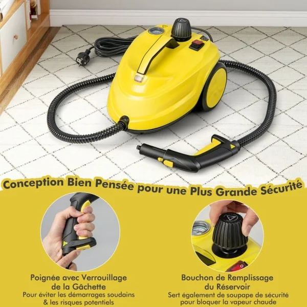 Nettoyeur à Vapeur Polyvalent de 2000W avec 13 Accessoires avec Roulettes 5 Bars Réservoir de 1,8 L Nettoyer Plancher Tapis Rideaux Jaune