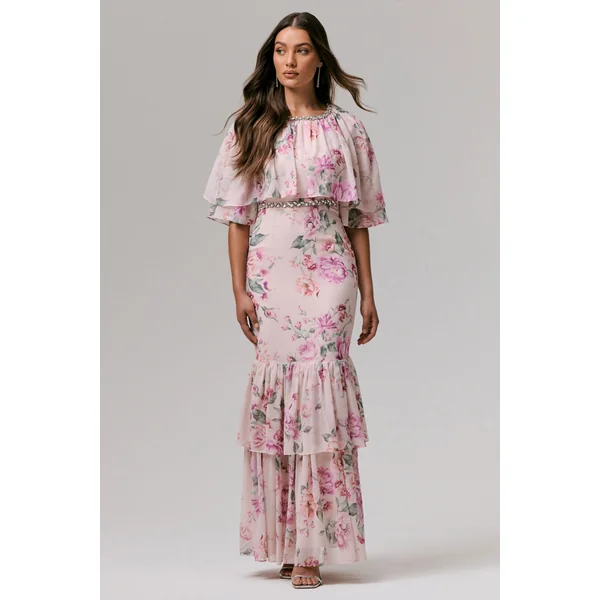 Never Let Go | Robe Longue en Mousseline Imprimé Floral Rose à Manches Longues et Volants