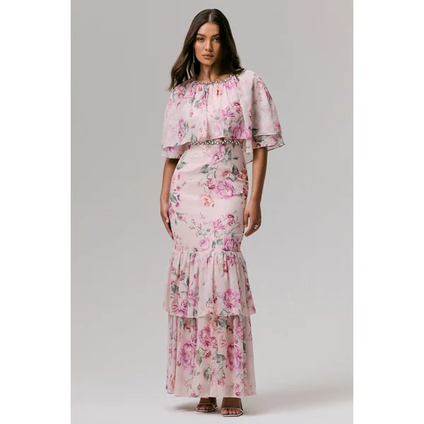Never Let Go | Robe Longue en Mousseline Imprimé Floral Rose à Manches Longues et Volants