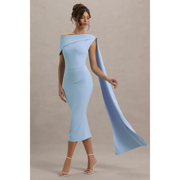 Niamh | Robe mi-longue asymétrique bleu poudré avec drapé.