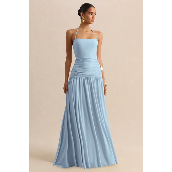 Nicolette | Robe longue bleu poudré à encolure carrée avec détails froncés