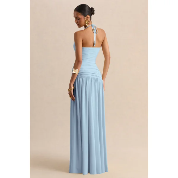 Nicolette | Robe longue bleu poudré à encolure carrée avec détails froncés