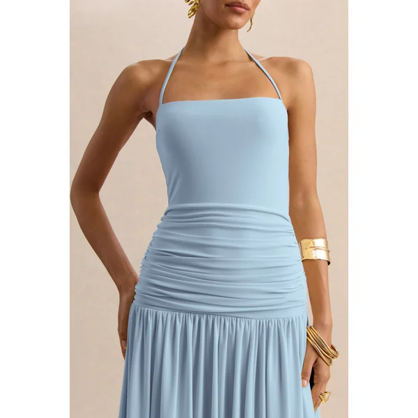 Nicolette | Robe longue bleu poudré à encolure carrée avec détails froncés