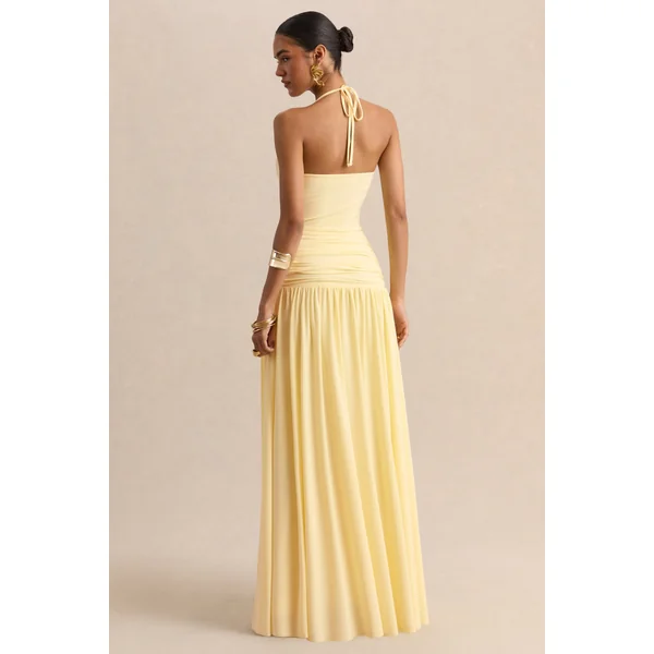 Nicolette | Robe longue citron à encolure carrée avec détails froncés