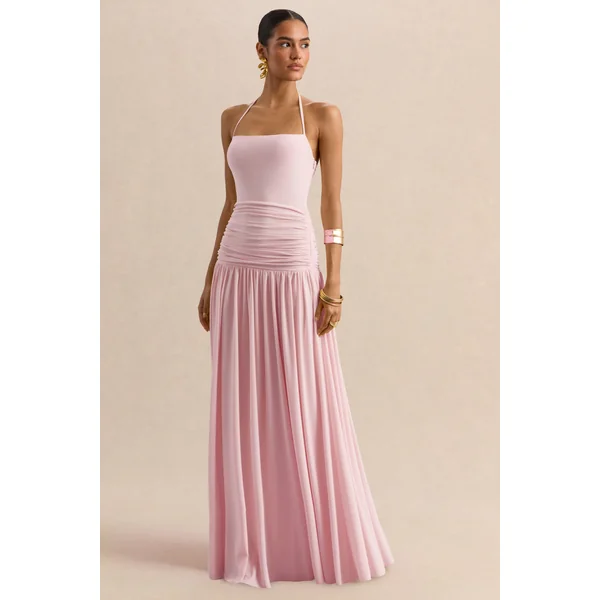 Nicolette | Robe longue rose à encolure carrée avec détails froncés