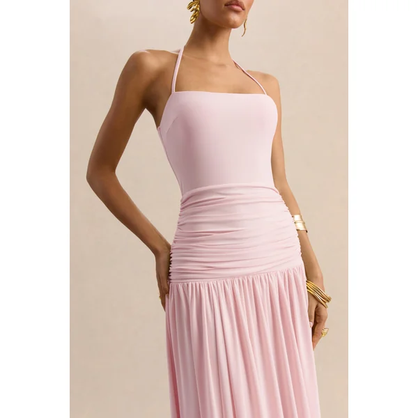Nicolette | Robe longue rose à encolure carrée avec détails froncés