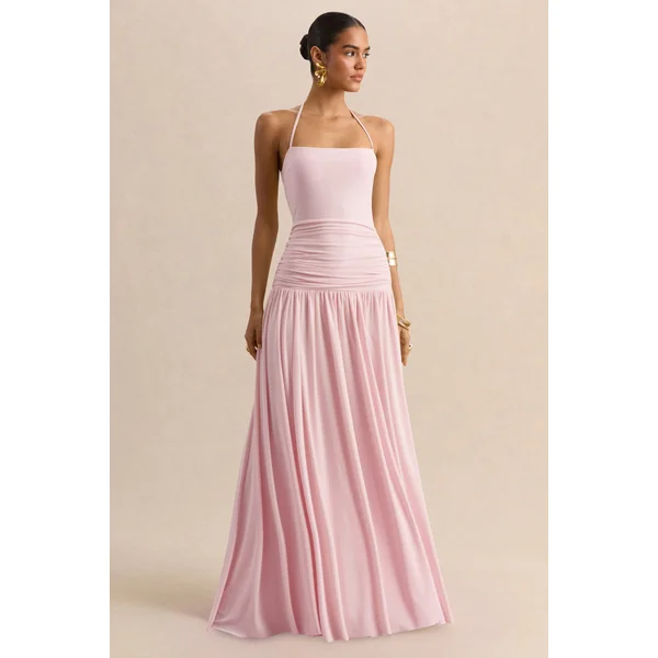 Nicolette | Robe longue rose à encolure carrée avec détails froncés