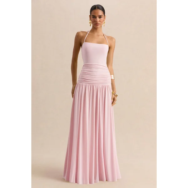 Nicolette | Robe longue rose à encolure carrée avec détails froncés