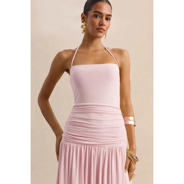 Nicolette | Robe longue rose à encolure carrée avec détails froncés