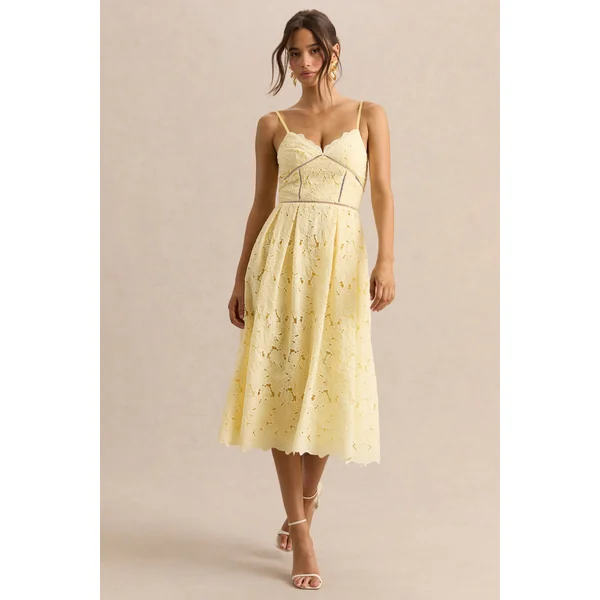 Nicoline | Robe mi-longue citron en dentelle à encolure cœur avec fines bretelles