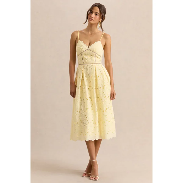 Nicoline | Robe mi-longue citron en dentelle à encolure cœur avec fines bretelles