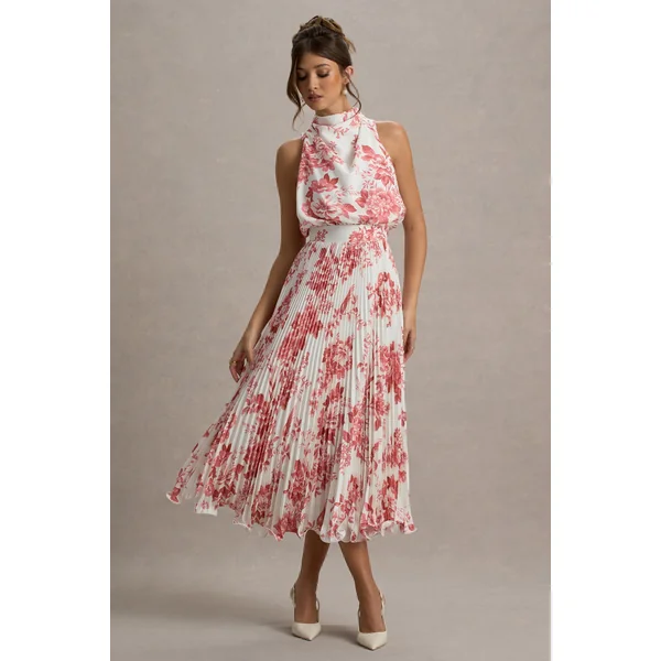Nila | Robe mi-longue à décolleté drapé en imprimé porcelaine rose avec jupe plissée