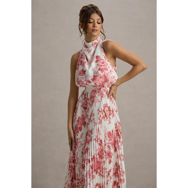 Nila | Robe mi-longue à décolleté drapé en imprimé porcelaine rose avec jupe plissée