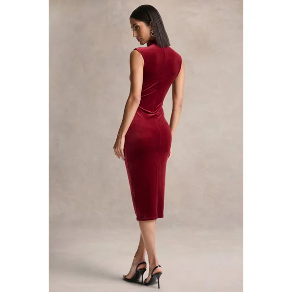 Nivina | robe mi-longue rouge en velours à col montant avec mancherons