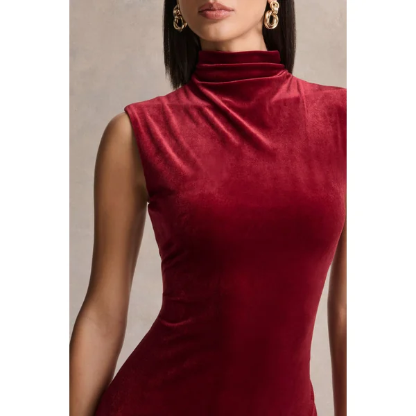 Nivina | robe mi-longue rouge en velours à col montant avec mancherons
