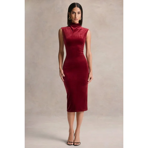 Nivina | robe mi-longue rouge en velours à col montant avec mancherons