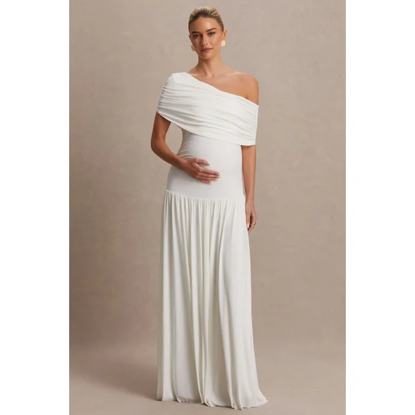 Noah | Robe longue de maternité blanche à encolure asymétrique et taille basse