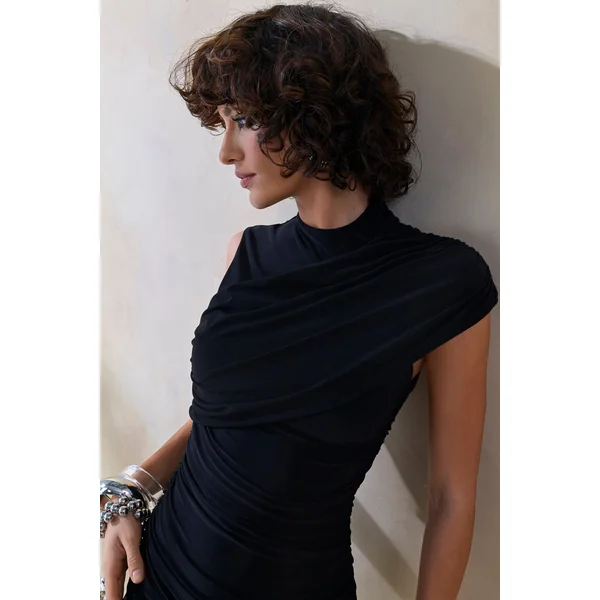 Nocturnal | Mini-robe noire froncée avec détail drapé